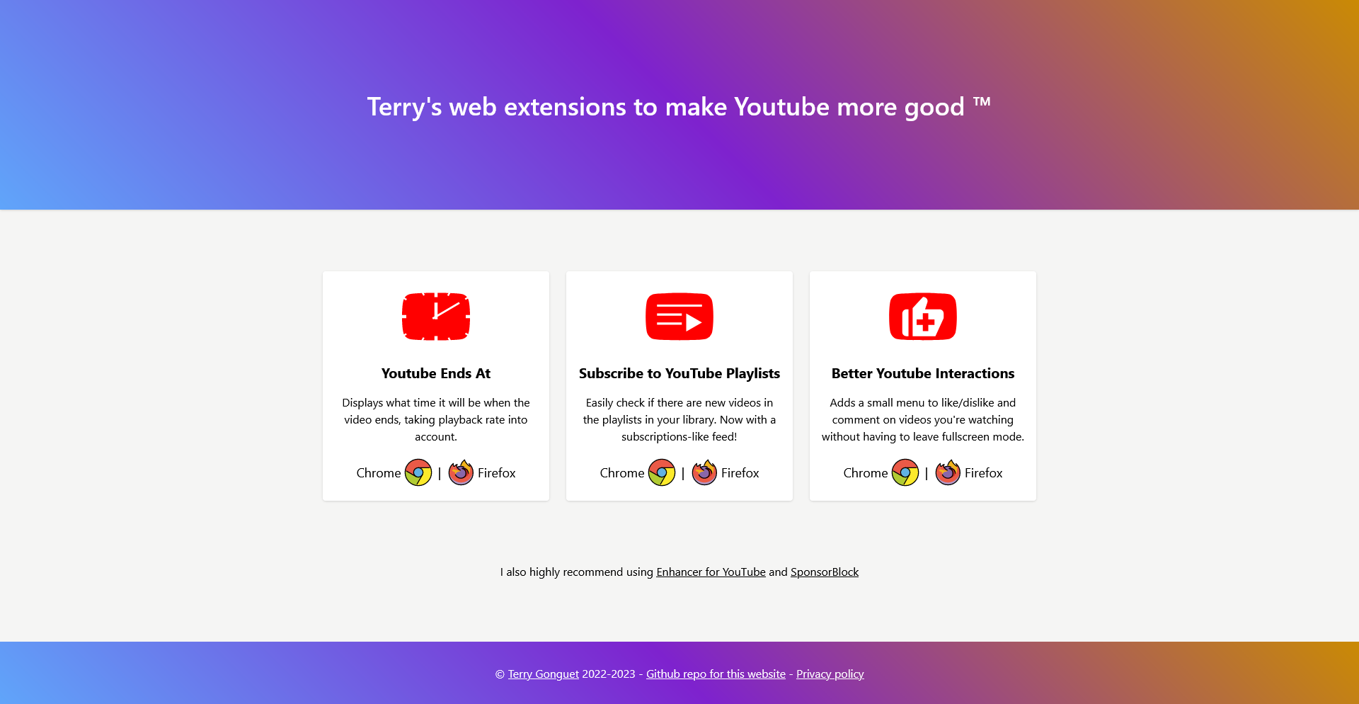 A screenshot of youtube-extensions.gonguet.com's home page